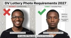 A professional visa photo example compliant with DV Lottery 2027 requirements. The image shows a person with neutral facial expression, facing the camera directly against a pure white background. The subject's head occupies 50-69% of the photo height as specified, with even lighting and no shadows. No glasses, hats, or accessories are worn, demonstrating all technical requirements including proper dimensions and file format.