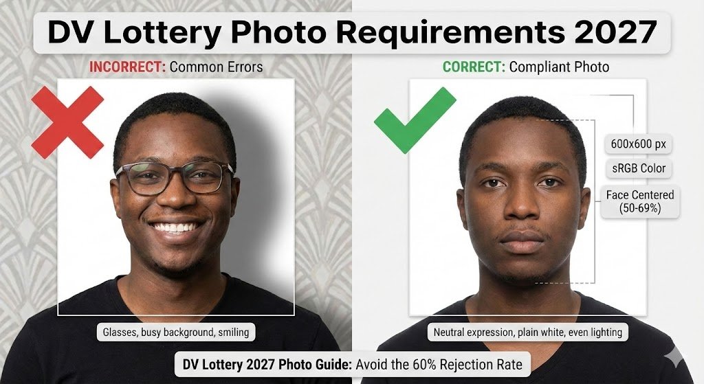 A professional visa photo example compliant with DV Lottery 2027 requirements. The image shows a person with neutral facial expression, facing the camera directly against a pure white background. The subject's head occupies 50-69% of the photo height as specified, with even lighting and no shadows. No glasses, hats, or accessories are worn, demonstrating all technical requirements including proper dimensions and file format.